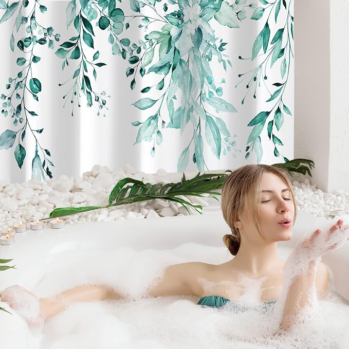 Gibelle Teal Eucalyptus Shower Curtain, Watercolor Plant Leaves - Image 2