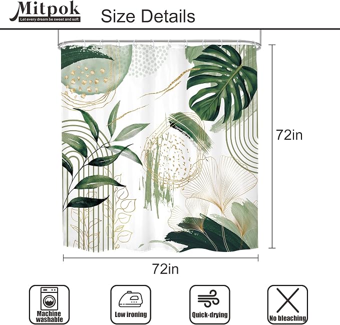 4 PCS Sage Green Boho Shower Curtain Set 72Wx72H, Non-Slip Bath Rug Toilet Lid - Image 4