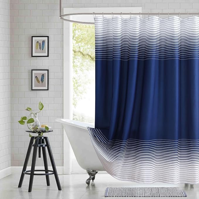 Blue Shower Curtain 78 Inches Long, Modern Navy Blue and White Gradient by BESTRIPES