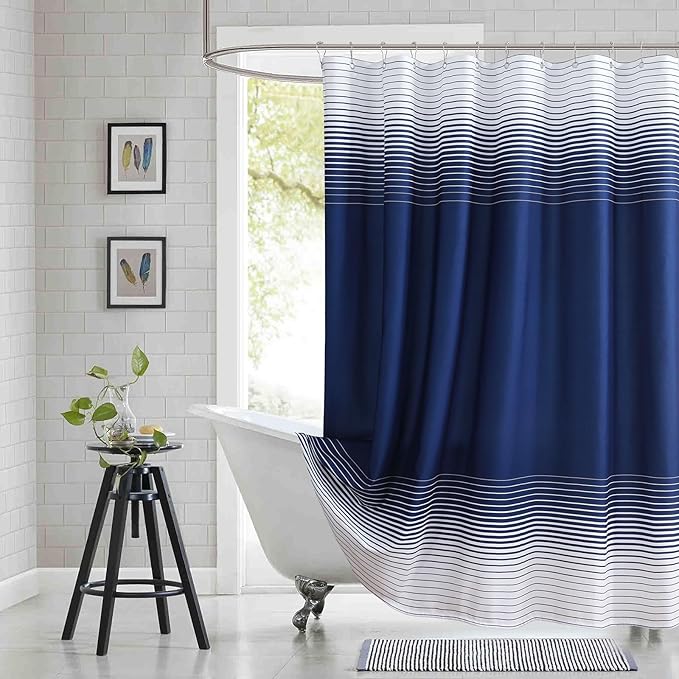 Extra Long Blue Shower Curtain, Modern Navy Blue and White Gradient Horizontal by BESTRIPES