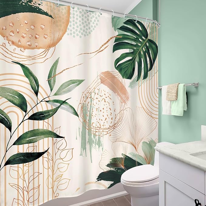 Boho Shower Curtain 72Wx72H Modern Bohemian Abstract Tropical Green Leaves - Image 4