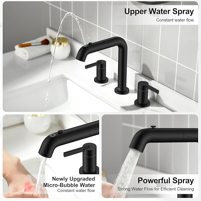 KENES Matte Black Pull Out Bathroom Faucet, 8 Inch 2 Handle Widespread Bathroom - Image 3