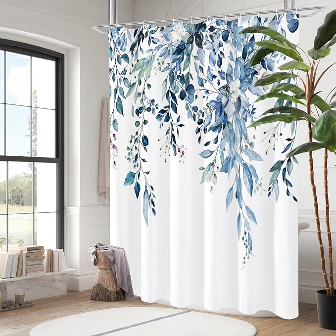 Gibelle Blue Eucalyptus Shower Curtain, Watercolor Plant Leaves - Image 2
