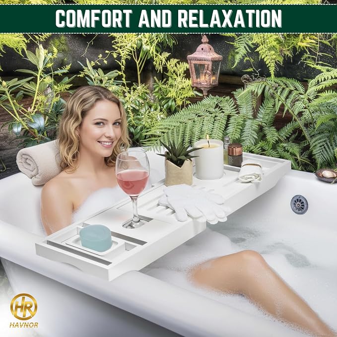 Bamboo Bathtub Caddy Tray Expandable & Foldable Bath Shelf - Image 5