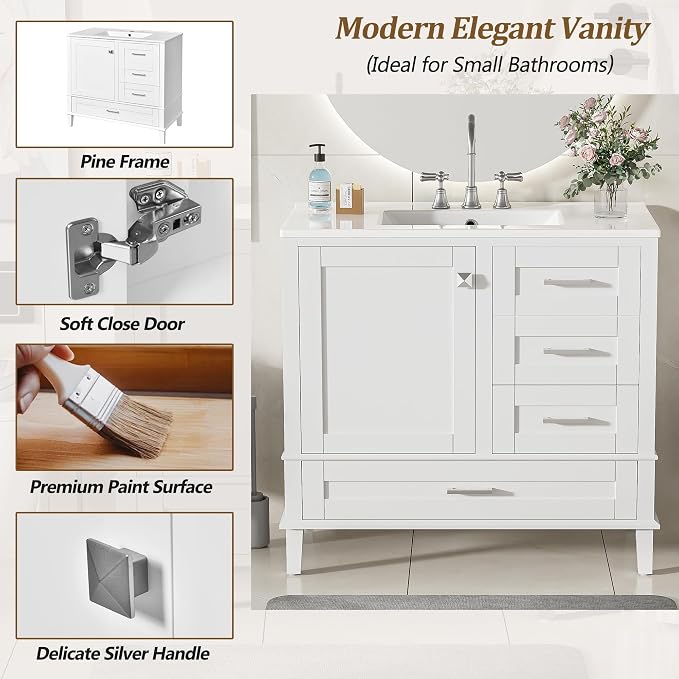 36" Bathroom Vanity with Solid Pine Frame, 1 Soft Close Door and 3 Drawers - Image 5