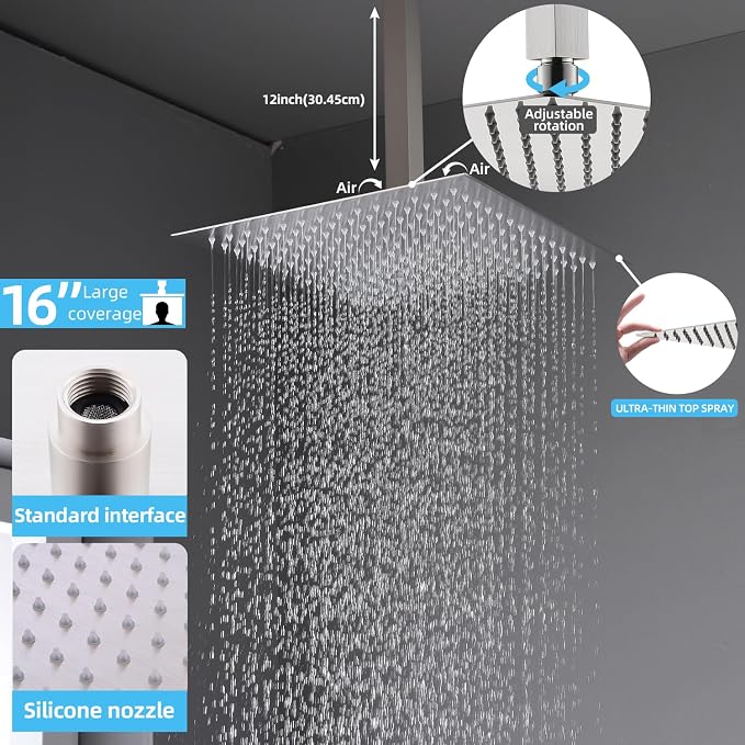 Thermostatic Shower System 16 Inch Ceiling Mount Brushed Nickel Shower Luxury - Image 6