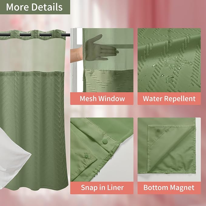 Hookless Shower Curtain with Snap in Liner 71" x 74" Double-Layer Waterproof - Image 3