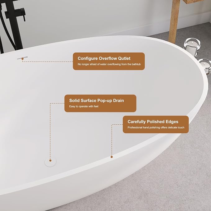 SJ STAR&JANE 61" Solid Surface Freestanding Bathtub, Oval Soaking Tub - Image 8