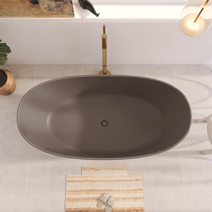 65" Premium Solid Surface Freestanding Bathtub, Contemporary Design Stand Alone - Image 7