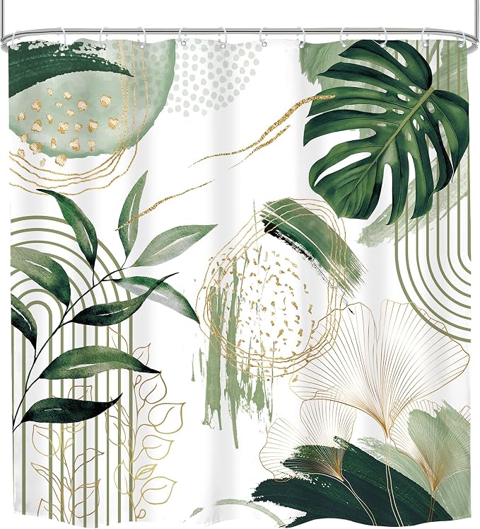 Sage Green Boho Shower Curtain Mid Century Modern Abstract Tropical Palm Leaves - Image 5
