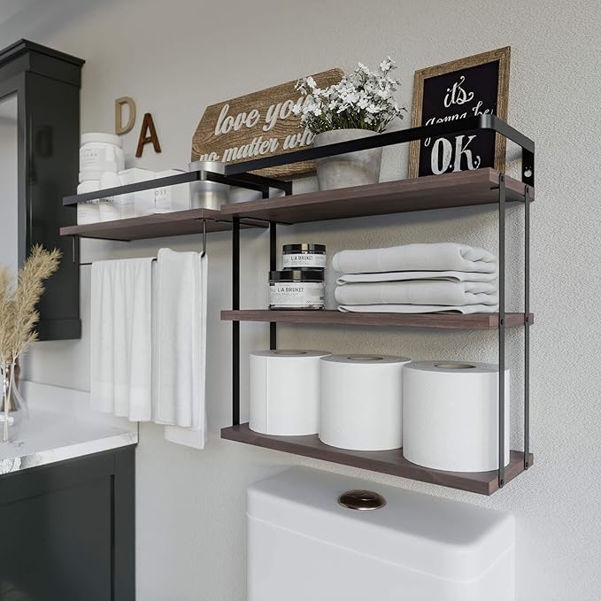 RICHER HOUSE 3+1 Tier Wall Mounted Floating Shelves Set of 2, Rustic Wood Wall - Image 5