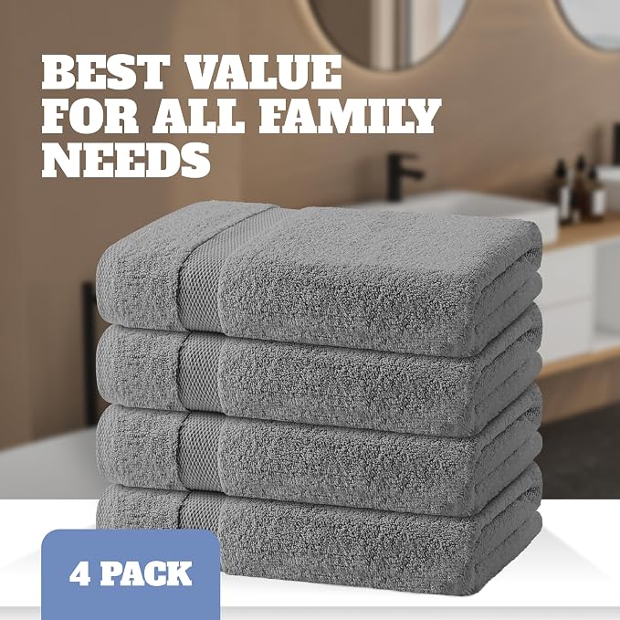 White Classic Light Gray Bath Towels 27x54 Inch, Cotton Towel Set - Image 4