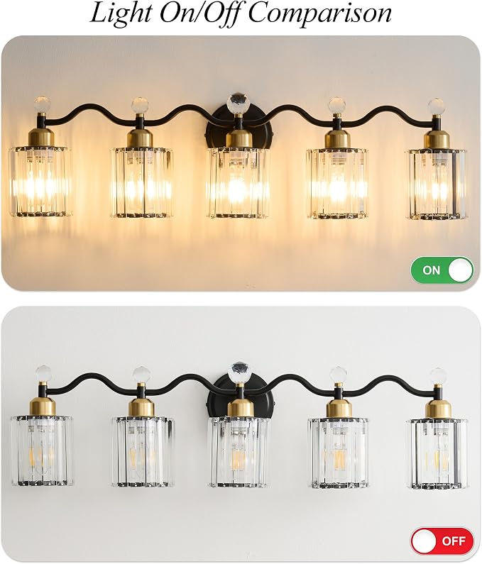5 Light Vanity Light, Modern Black and Gold Crystal Bathroom Vanity Lighting - Image 6