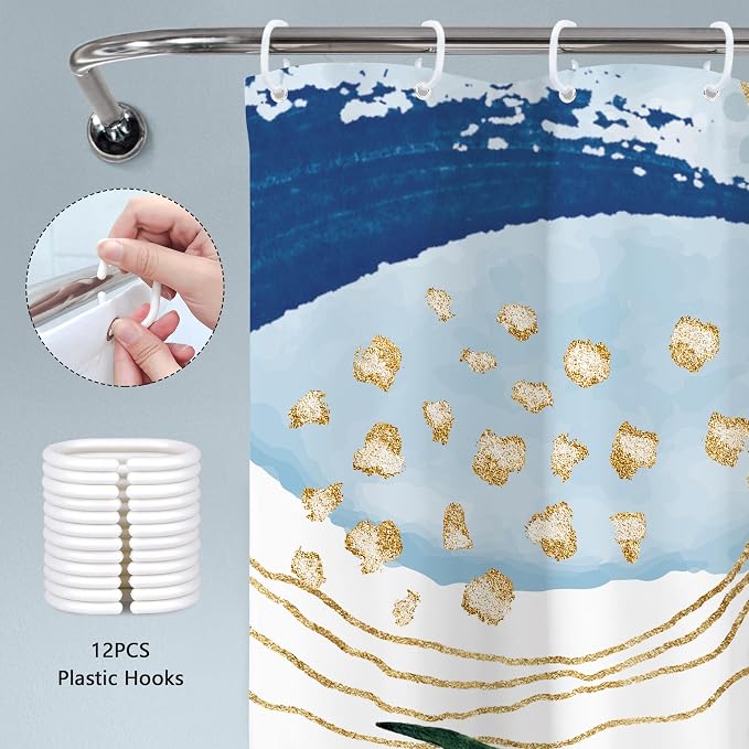 Blue Boho Shower Curtain 72Wx72H Modern Mid Century Abstract Blue Gold Tropical - Image 5