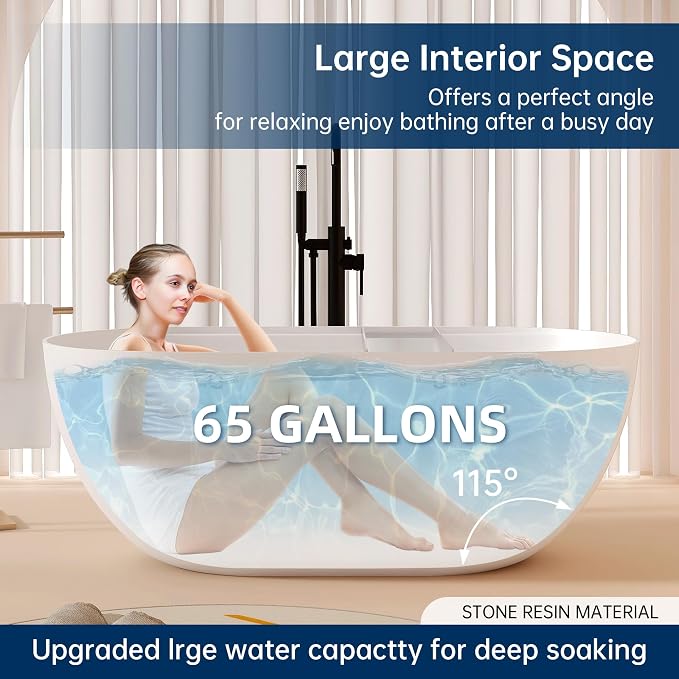 59'' Stone Resin Freestanding Bathtub, Bathroom Solid Surface Tub Bathtubs - Image 8