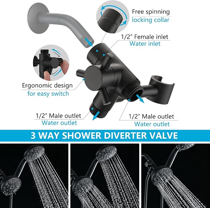 PDPBath Solid Brass Shower Arm 3 Way Shower Diverter Valve - Image 2