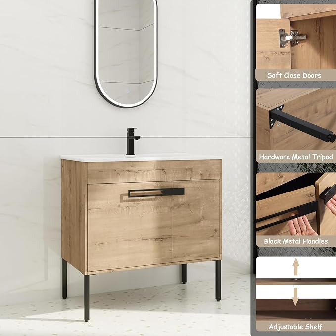 36 inch Bathroom Vanity with Sink, Single Sink Modern Mid Century Bathroom - Image 4