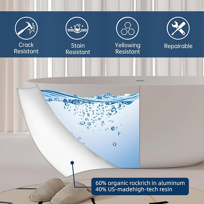 61'' Resin Stone Soaking Bathtub Oval Solid Surface Freestanding Soaking - Image 2