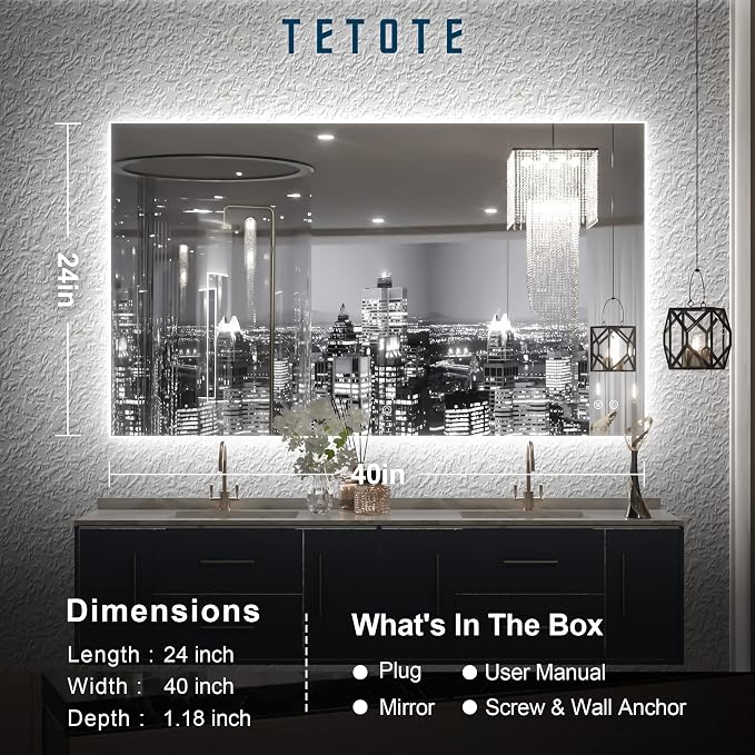 TETOTE 40 x 24 Inch LED Backlit Bathroom Vanity Mirror - Image 5