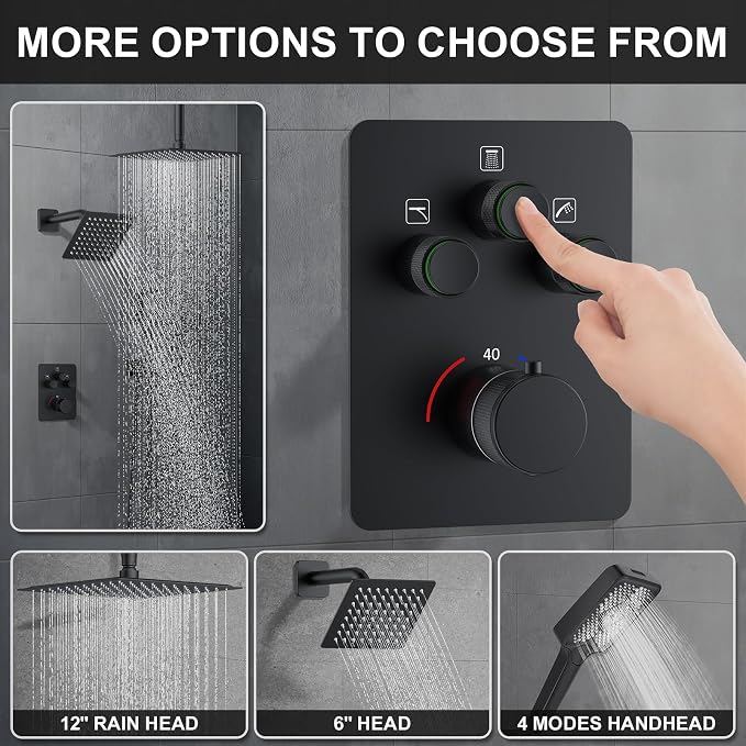KOJOX Matte Black Thermostatic Shower System, Push Button Diverter Shower - Image 3