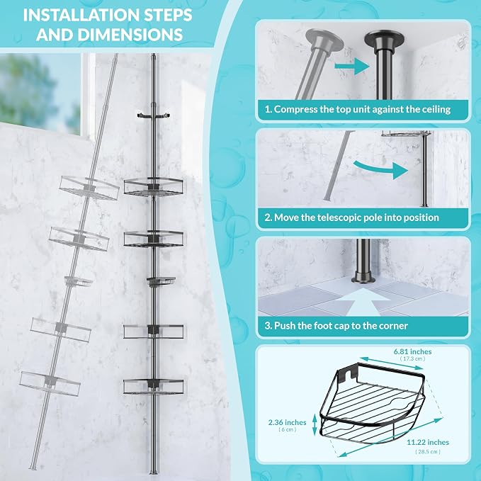 Shower Caddy Tension Pole, 4-Tier Adjustable Corner Shower Standing Caddy - Image 9