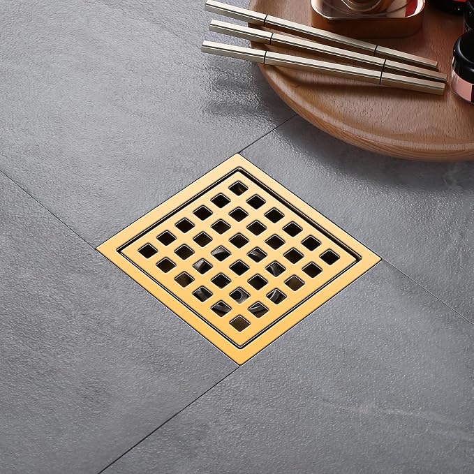 Shower Drain, Brushed Gold 4 inch Shower Floor Square Drain - Image 7