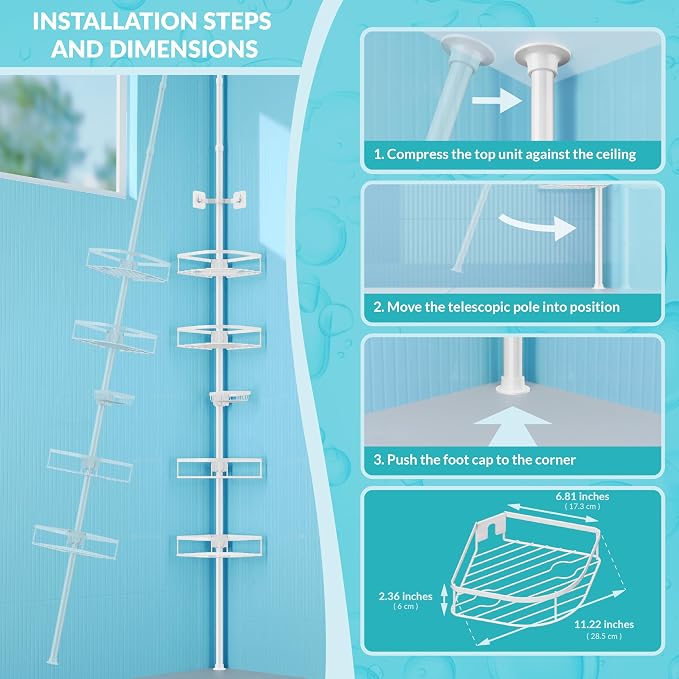 Shower Caddy Tension Pole, 4-Tier Adjustable Corner Shower Standing Caddy - Image 7