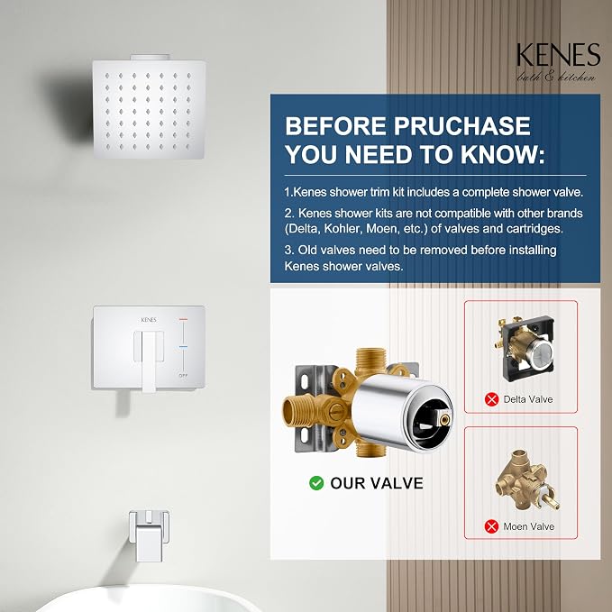 KENES Chrome Tub and Shower Trim Kit, Square Tub Shower Faucet Set Complete - Image 3