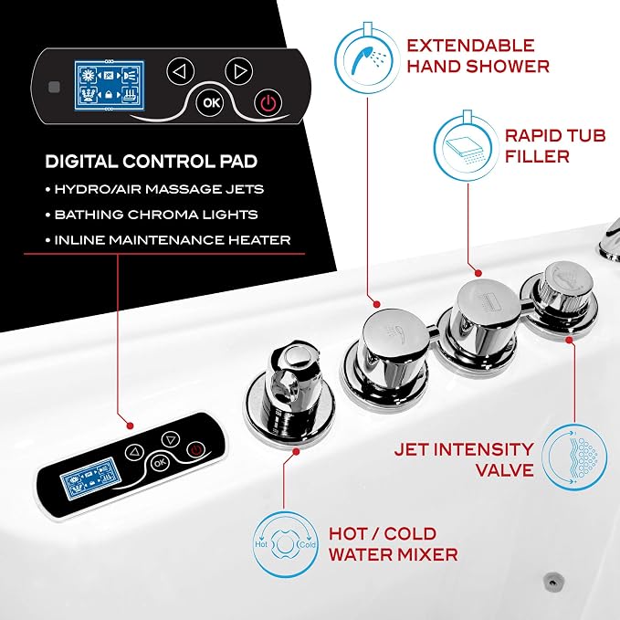 ANZZI Walk-In Whirlpool & Air Tub 27"x53" Left Drain, LED Lights, 30 Jets - Image 5