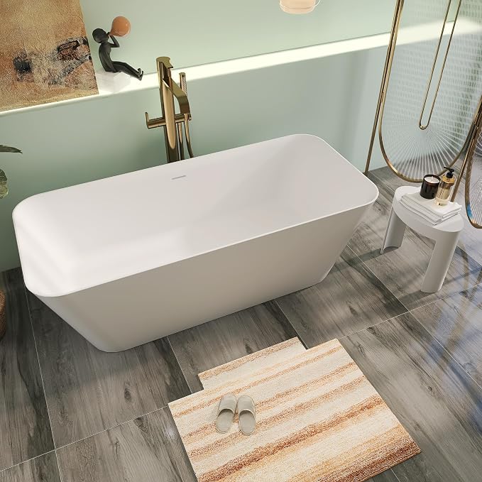 67" Premium Solid Surface Stone Resin Freestanding Bathtub, Matte White Stand - Image 3