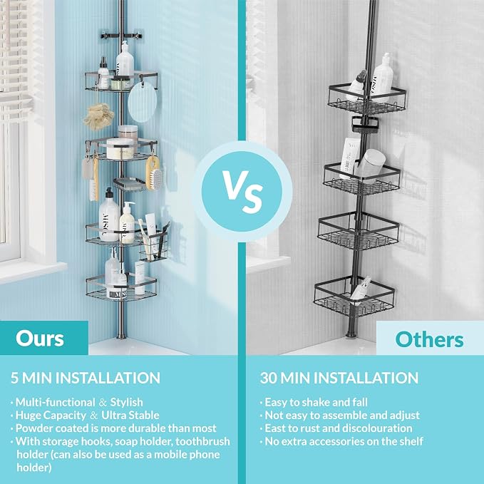 Shower Caddy Tension Pole, 4-Tier Adjustable Corner Shower Standing Caddy - Image 3