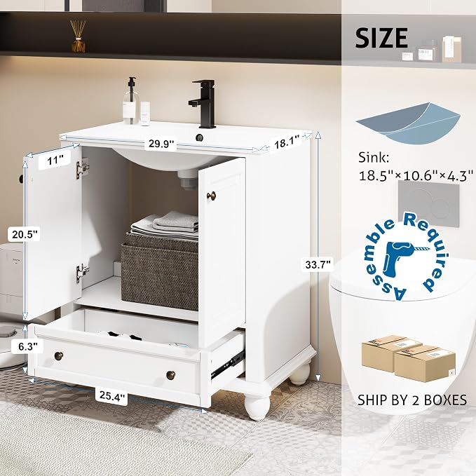 eclife 30" Bathroom Vanity Sink Combo Vintage Style - Image 2