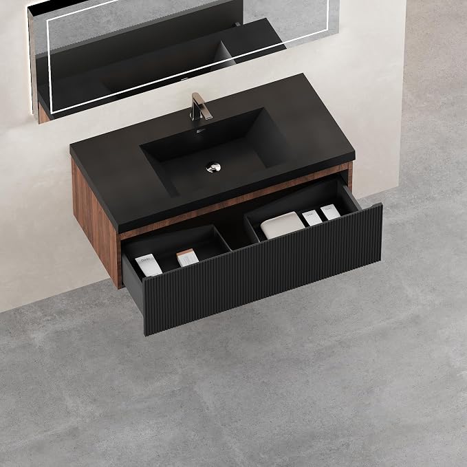 42'' Modern Floating Bathroom Vanity Sink Combo, Wall-Mounted Striped Cabinet - Image 7