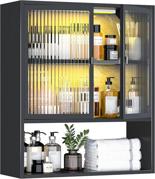 Metal Wall Cabinet with Glass Doors & LED Lights, Wall-Mounted Over-The-Toilet by YILFANA