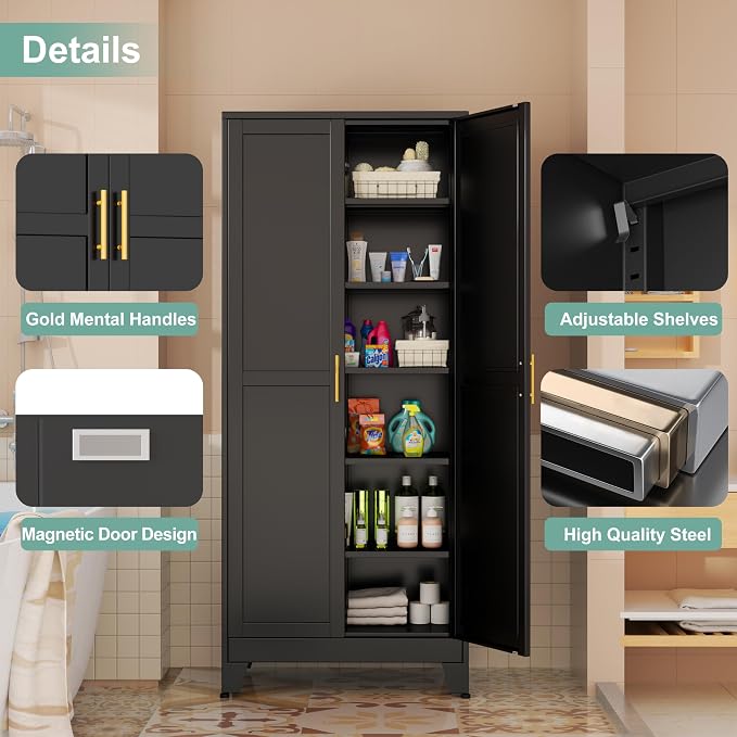 Metal Pantry Cabinet with 2 Doors and 5 Adjustable Shelves, Versatile Storage - Image 4