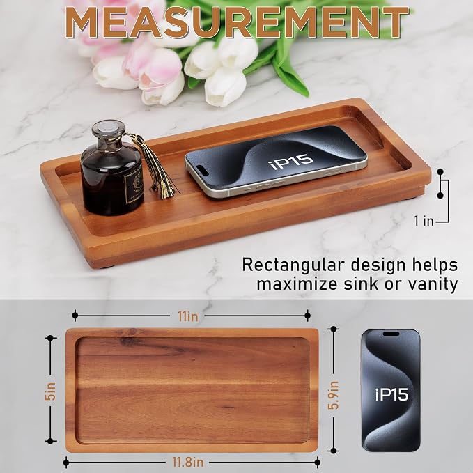 Bathroom Vanity Tray 11.8 x 5.9 inches of Natural Acacia Wood - Image 2