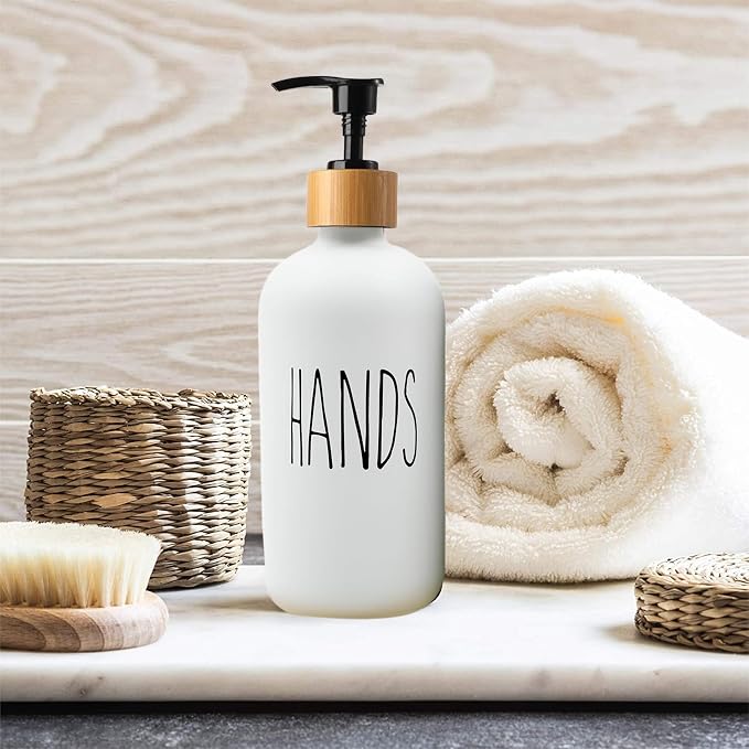 16 OZ Thick White & Black Glass Soap Dispenser, Bamboo Pump - Image 6