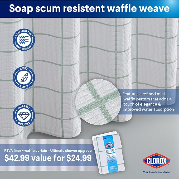 CLOROX Bathroom Waffle Windowpane Pattern Shower Curtain - Image 4