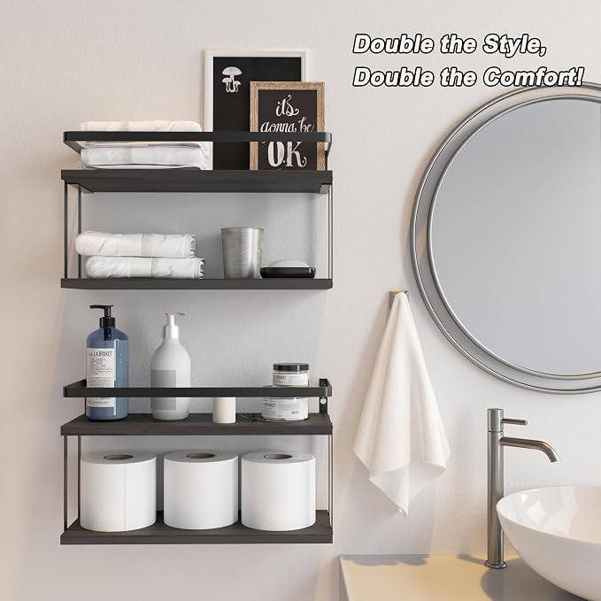 RICHER HOUSE Dual-Level Guardrail Floating Shelves, Rustic Wood Bathroom Shelf - Image 5