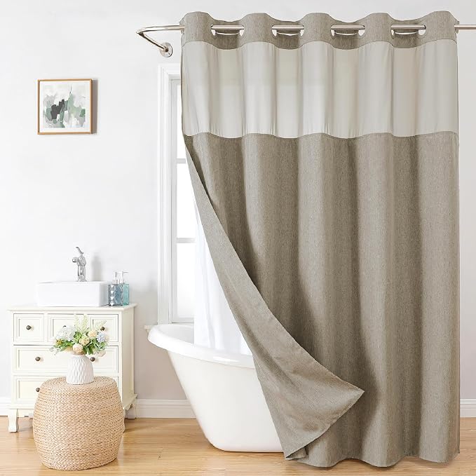 Long No Hooks Needed Linen Textured Shower Curtain by EACHOPE