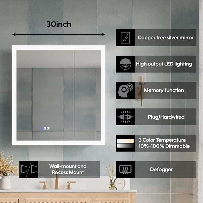 WELLFOR 30 x 32 Inch LED Medicine Cabinet - Image 6