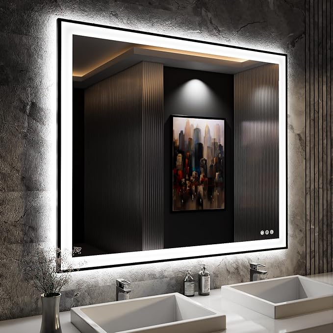 ISKM Framed LED Mirror for Bathroom 48"x40", Dimmable LED Bathroom Mirror by ISKM-IStillKeepMovin