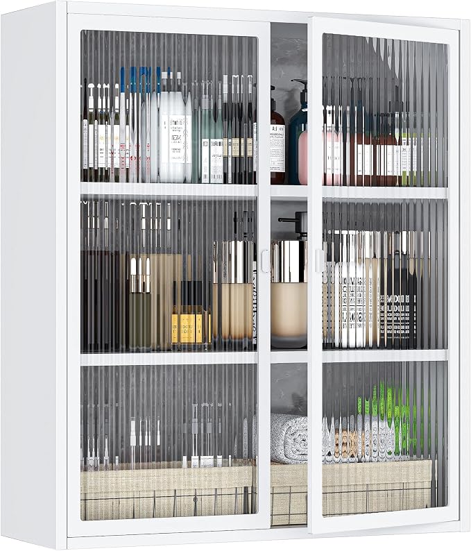 Bathroom Wall Cabinet with Glass Doors, Metal Medicine Cabinet with LED Light by VASAAOSD