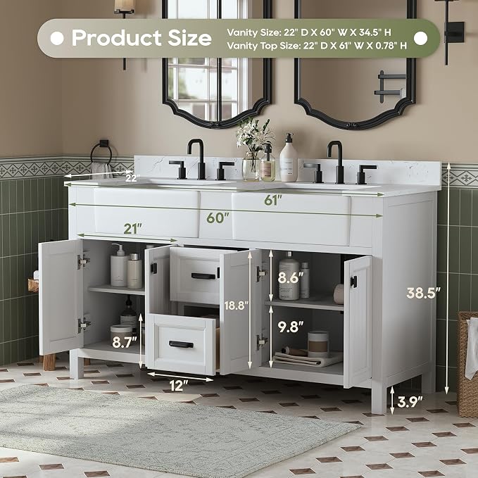 60 Inch Bathroom Vanity with Double Sink, Farmhouse Bathroom Sink Cabinet with - Image 2