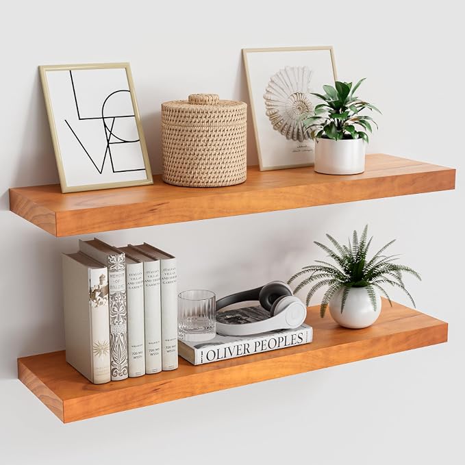 Pine Floating Wall Shelves 24 Inches Long x 8”x 1.4” Wooden Shelf Floating by VIVELOVE