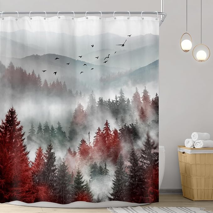 Riyidecor Red Black Mountain Shower Curtain 60Wx72H Inch Nature Woods Scenery - Image 2