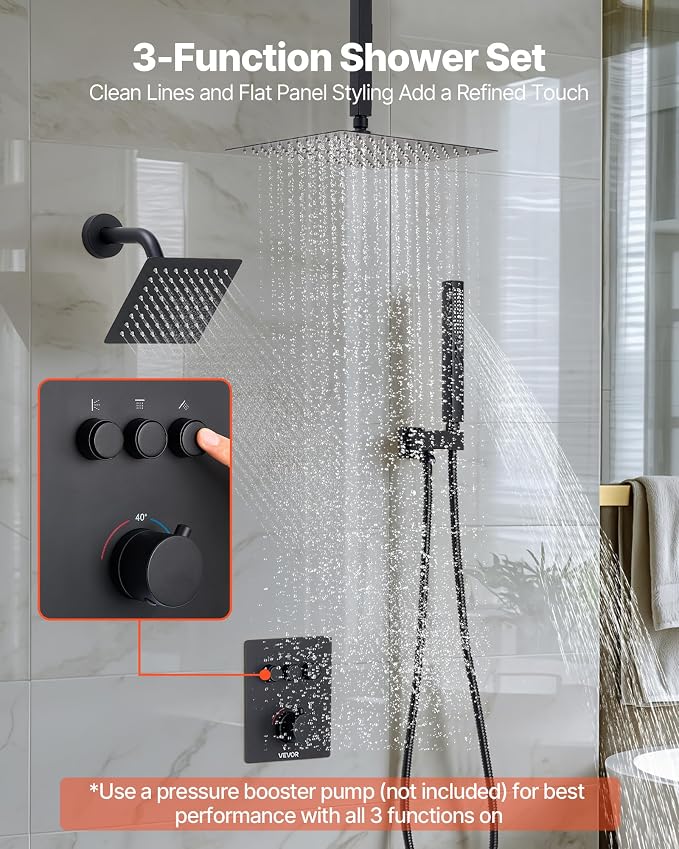 VEVOR Shower Faucet Set, 12 Inch Thermostatic Ceiling Mount Rainfall Shower - Image 2