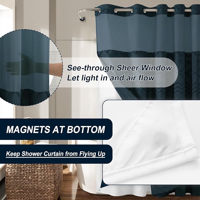 No Hooks Shower Curtain with Snap-in Liner, Water Repellent Luxury Shower - Image 5