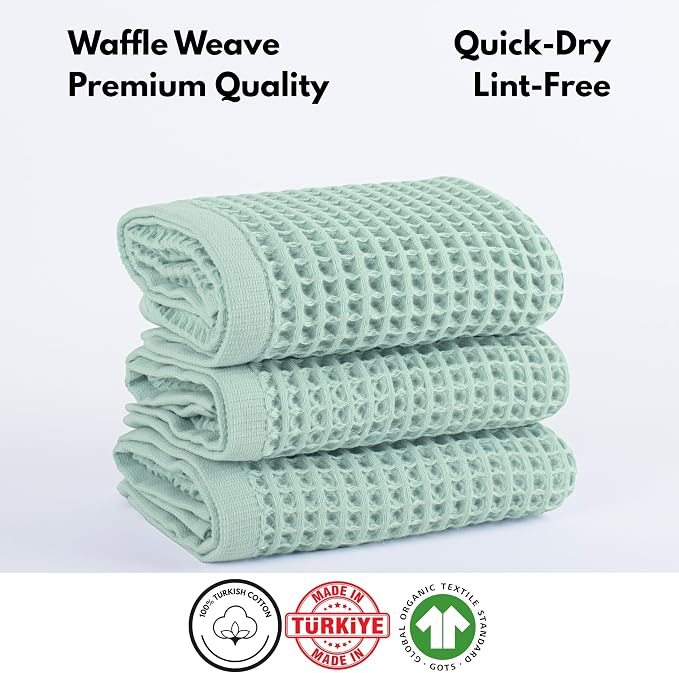 PÜSKÜL Organic Waffle Kitchen Towel 100% Turkish Cotton Set of 3 Ice Green - Image 4