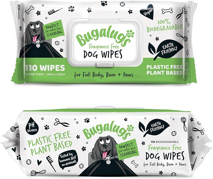 BUGALUGS Dog Wipes, 100% Plastic Free Biodegradable pet Wipes by BUGALUGS